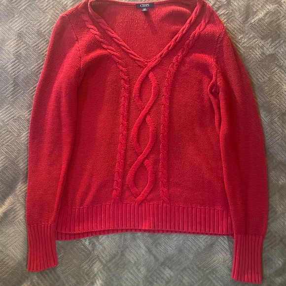Chaps Women's V Neck Long Sleeve Cable Knit Sweater Red - Size L - Picture 2 of 5